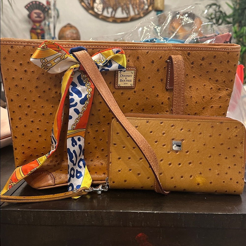 Dooney & Bourke Tan Ostrich Leather Tote & Wallet